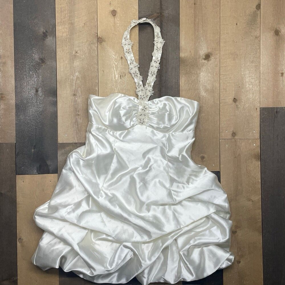 Betsy & Adam Size 10 Linda Bernell White Mini Satin Bubble Wedding Dress VTG Y2K